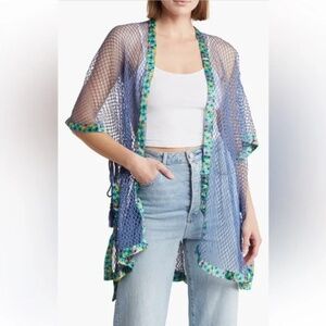 Steve Madden Net Cardigan Beach Cover Up Blue Floral One Size Fits Most